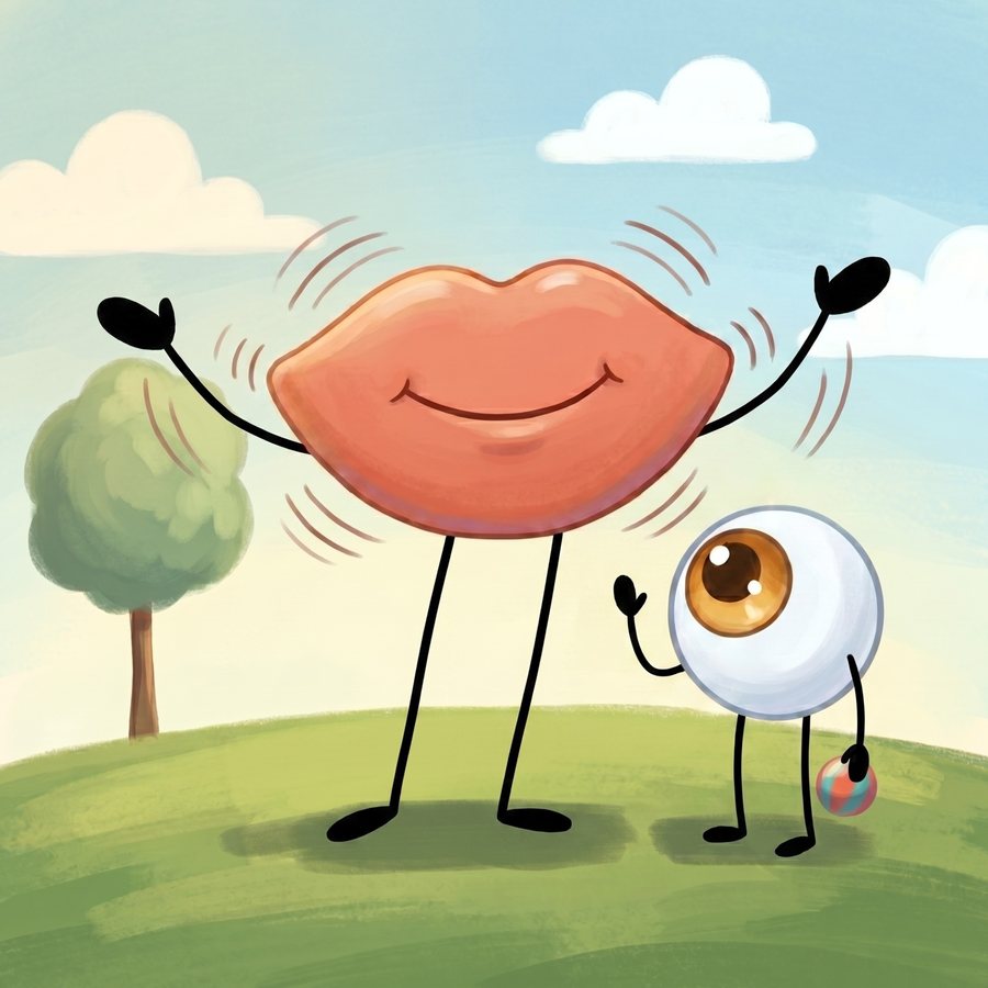 Mouth talking with big sound lines while Eye waits with his ball
