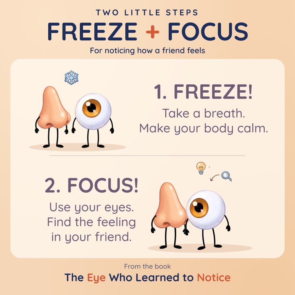 Two Little Steps from The Eye Who Learned to Notice. Freeze: Take a breath. Make your body calm. Focus: Use your eyes. Find the feeling in your friend.