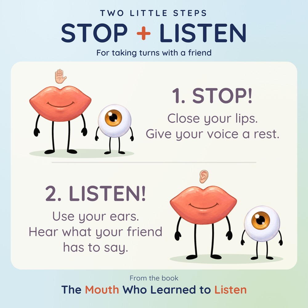 Two Little Steps from The Mouth Who Learned to Listen. Stop: Close your lips. Give your voice a rest. Listen: Use your ears. Hear what your friend has to say.